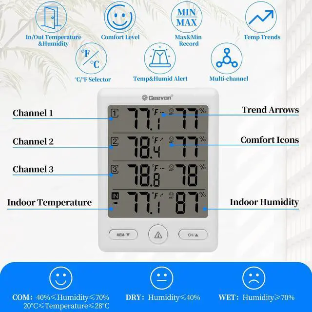 Alt view image 5 of 6 - Geevon Indoor Outdoor Thermometer Wireless Digital Hygrometer Temperature Weather Station Temperature Humidity With 3 Channels
