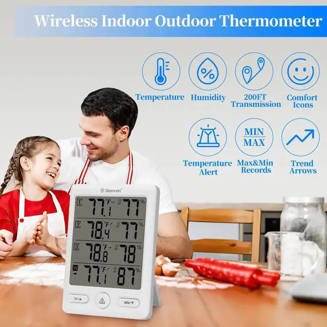 Alt view image 2 of 6 - Geevon Indoor Outdoor Thermometer Wireless Digital Hygrometer Temperature Weather Station Temperature Humidity With 3 Channels