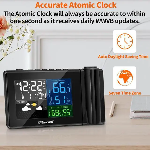 Alt view image 4 of 6 - Geevon Weather Station Wireless Outdoor Thermometer Weather Forecast Projection Alarm Clock With Temperature And Humidity