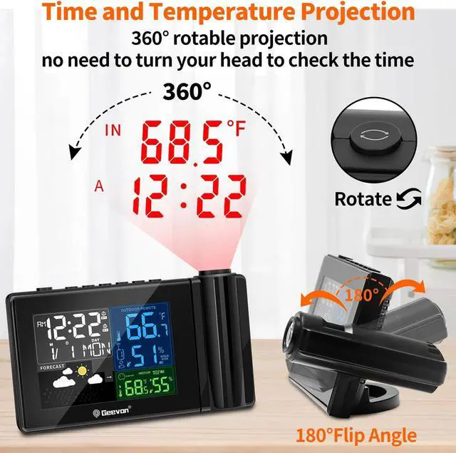 Alt view image 2 of 6 - Geevon Weather Station Wireless Outdoor Thermometer Weather Forecast Projection Alarm Clock With Temperature And Humidity
