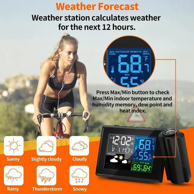 Alt view image 6 of 6 - Geevon Weather Station Wireless Outdoor Thermometer Weather Forecast Projection Alarm Clock With Temperature And Humidity