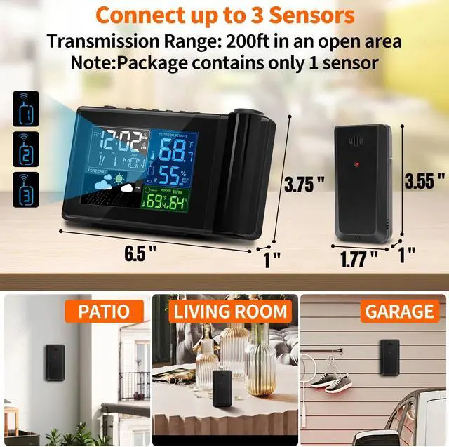 Alt view image 3 of 6 - Geevon Weather Station Wireless Outdoor Thermometer Weather Forecast Projection Alarm Clock With Temperature And Humidity
