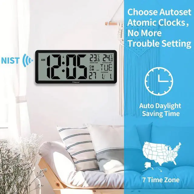 Alt view image 5 of 6 - Geevon Wall Clock 14.3"Large Digital LCD Atomic Clock with Dual Alarm Clock Indoor Outdoor Temperature 4.4" Digits Automatic Clock For Bedroom