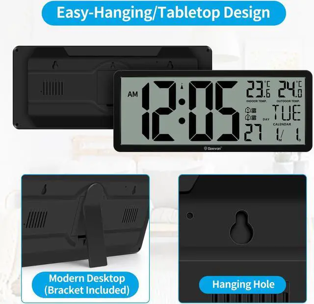Alt view image 6 of 6 - Geevon Wall Clock 14.3"Large Digital LCD Atomic Clock with Dual Alarm Clock Indoor Outdoor Temperature 4.4" Digits Automatic Clock For Bedroom