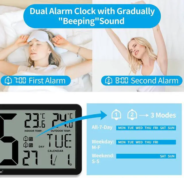 Alt view image 4 of 6 - Geevon Wall Clock 14.3"Large Digital LCD Atomic Clock with Dual Alarm Clock Indoor Outdoor Temperature 4.4" Digits Automatic Clock For Bedroom