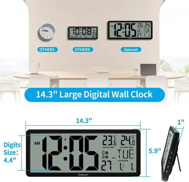 Alt view image 3 of 6 - Geevon Wall Clock 14.3"Large Digital LCD Atomic Clock with Dual Alarm Clock Indoor Outdoor Temperature 4.4" Digits Automatic Clock For Bedroom
