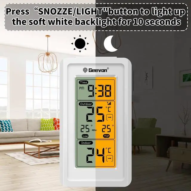 Alt view image 5 of 6 - Geevon Indoor Outdoor Thermometer Wireless Digital Temperature Gauge Weather Station Black With Backlight Support 3 Channels