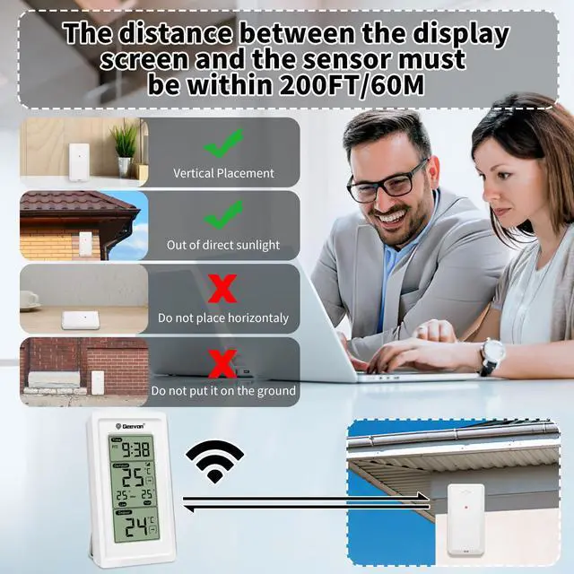 Alt view image 4 of 6 - Geevon Indoor Outdoor Thermometer Wireless Digital Temperature Gauge Weather Station With Backlight Support 3 Channels white