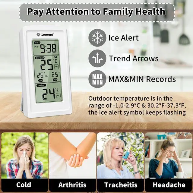 Alt view image 5 of 6 - Geevon Indoor Outdoor Thermometer Wireless Digital Temperature Gauge Weather Station With Backlight Support 3 Channels white