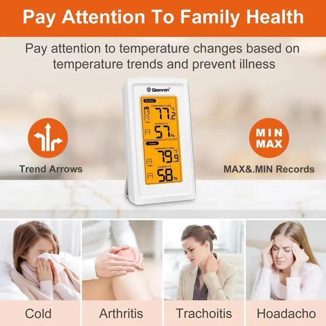 Alt view image 4 of 7 - Geevon Indoor Outdoor Thermometer Wireless Digital Hygrometer Temperature Gauge Weather Station With Backlight Wall Hanging