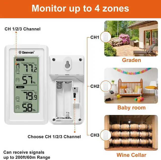 Alt view image 2 of 7 - Geevon Indoor Outdoor Thermometer Wireless Digital Hygrometer Temperature Gauge Weather Station With Backlight Wall Hanging