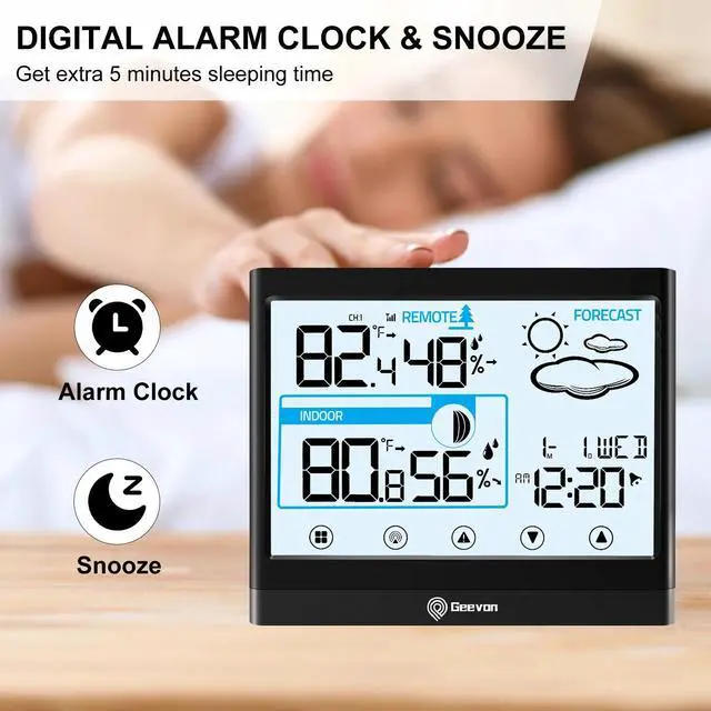 Alt view image 2 of 7 - Geevon Wireless Weather Station Thermometer Hygrometer Touch Screen Snooze Alarm Clock Indoor Outdoor Thermometer Sensor