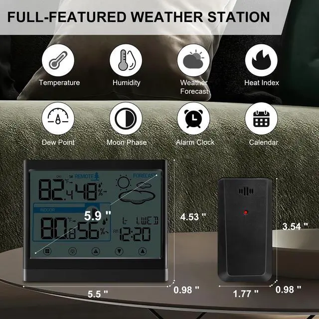 Alt view image 7 of 7 - Geevon Wireless Weather Station Thermometer Hygrometer Touch Screen Snooze Alarm Clock Indoor Outdoor Thermometer Sensor