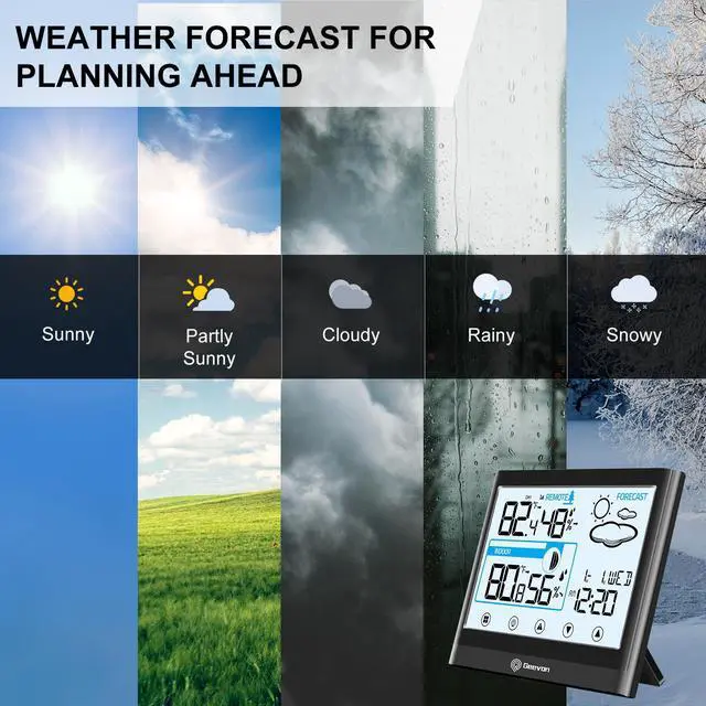 Alt view image 5 of 7 - Geevon Wireless Weather Station Thermometer Hygrometer Touch Screen Snooze Alarm Clock Indoor Outdoor Thermometer Sensor