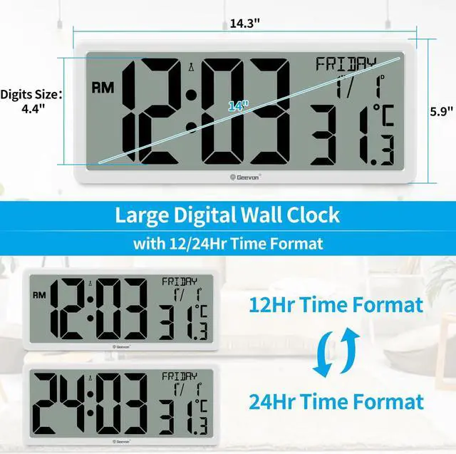 Alt view image 2 of 7 - Geevon 14.3" Atomic Clocks Auto-Set Large Digital Atomic Wall Clock with Temperature Date 4.4" Jumbo Digits for Home Office