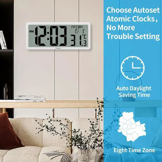 Alt view image 6 of 7 - Geevon 14.3" Atomic Clocks Auto-Set Large Digital Atomic Wall Clock with Temperature Date 4.4" Jumbo Digits for Home Office