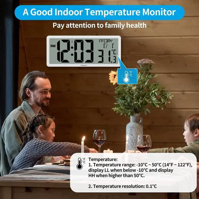 Alt view image 7 of 7 - Geevon 14.3" Atomic Clocks Auto-Set Large Digital Atomic Wall Clock with Temperature Date 4.4" Jumbo Digits for Home Office
