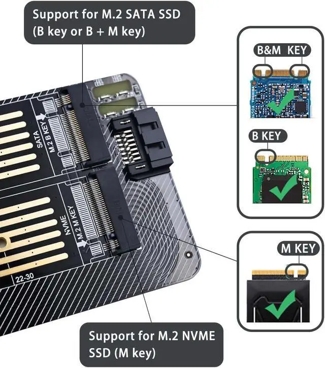 Alt view image 2 of 7 - Bailink Dual M.2 PCIE Adapter, M.2 SSD NVME (M Key) & SATA (B Key) Adapter with SATA cable for One M.2 NVMe and One SATA SSD 22110/2280/2260/2242/2230 to PCI-e x4 Host Controller Expansion Card