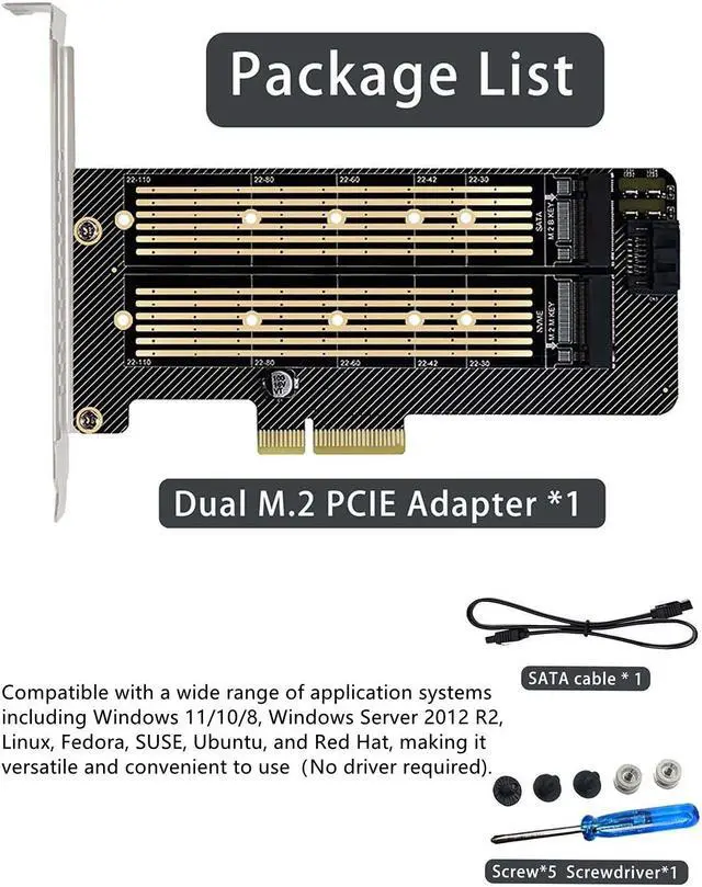 Alt view image 7 of 7 - Bailink Dual M.2 PCIE Adapter, M.2 SSD NVME (M Key) & SATA (B Key) Adapter with SATA cable for One M.2 NVMe and One SATA SSD 22110/2280/2260/2242/2230 to PCI-e x4 Host Controller Expansion Card