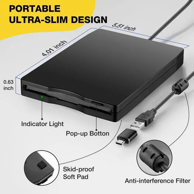 Alt view image 7 of 7 - Bailink USB Floppy Disk Reader, 3.5 inch External Portable 1.44 MB FDD Floppy Disk Drive,USB Type A&C Floppy Disk Drive for Windows 11/10/8/7/2000/XP PC Laptop Desktop Notebook Computer,Black