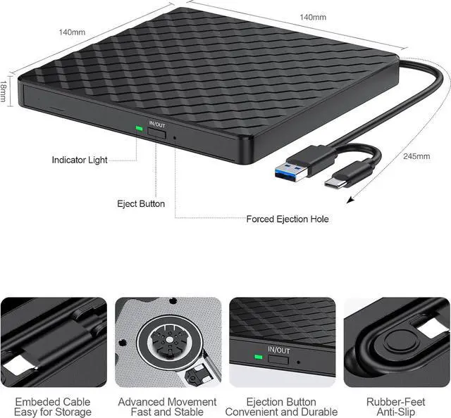 Alt view image 6 of 7 - External CD/DVD Drive for Laptop, USB 3.0 CD DVD +/-RW Drive Burner DVD Player, External CD ROM Reader Writer Optical Drive Compatible with Laptop PC Mac MacBook Windows 11/10/8.1/7 Linux