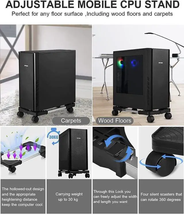 Alt view image 6 of 6 - Bailink Computer Tower Stand, Adjustable Mobile CPU Stand with Rolling Caster Wheels, Premium PC Tower Stand Holder for Floor Carpet Gaming PC Case