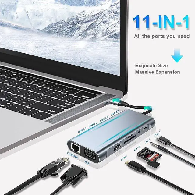 Alt view image 2 of 7 - Bailink Universal 11 in 1 USB C Docking Station USB 3.0 HUB, 100W PD Laptop Docking Station Dual Monitor,USB C Dongle with 4K HDMI, RJ45 Etherne, VGA, USB3.0, SD/TF Card Reader, 3.5mm AUX