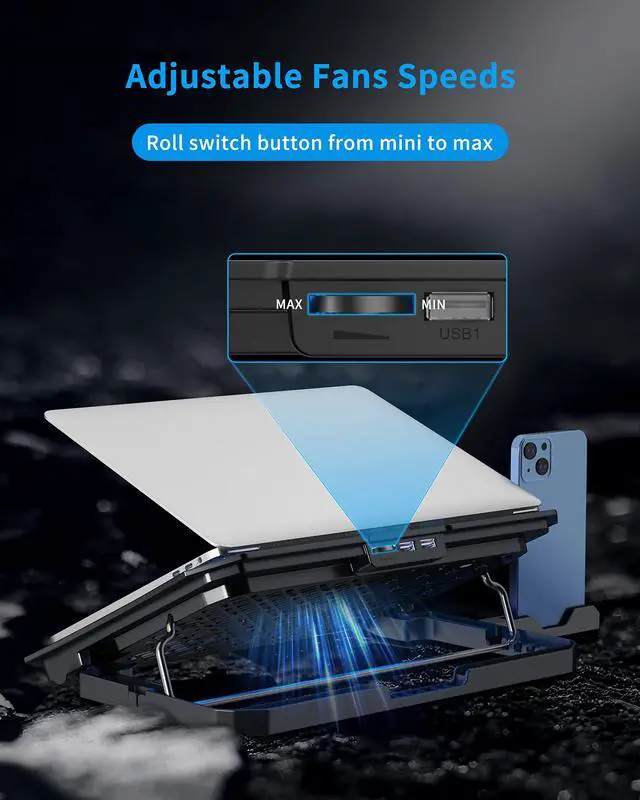 Alt view image 7 of 7 - Updated Laptop Cooling Pad, Laptop Cooler with 6 Quiet Fans with Blue Lights for 12-18 Inch Notebook Gaming Fan Stable Stand, 5 Height & Wind Speed Adjustable, 2 USB Port,Black