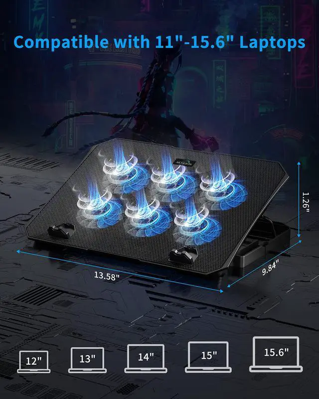 Alt view image 5 of 7 - Updated Laptop Cooling Pad, Laptop Cooler with 6 Quiet Fans with Blue Lights for 12-18 Inch Notebook Gaming Fan Stable Stand, 5 Height & Wind Speed Adjustable, 2 USB Port,Black