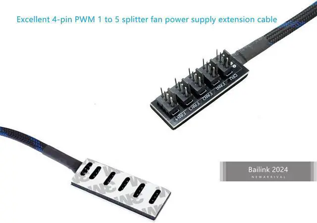 Alt view image 5 of 7 - Bailink 2025 Updated PWM Fan Hub, PC CPU Cooling 4 PIN/3PIN Fan Power Cable Hub Splitter Adapter Sleeved PWM Case Fan Splitter for Desktop Computer Cooler Case Fans 1 to 5 Way (15.7 Inch) -Black/Blue