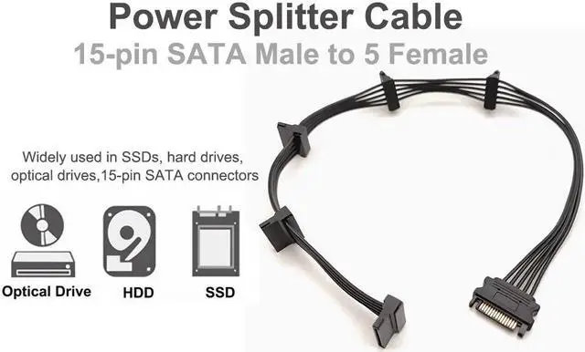 Alt view image 2 of 6 - Bailink SATA Power Splitter Cable, 15 Pin SATA to 5 SATA Power Splitter Cable Apply for HDD SSD Optical Drives Sata Power Cable -24 Inches