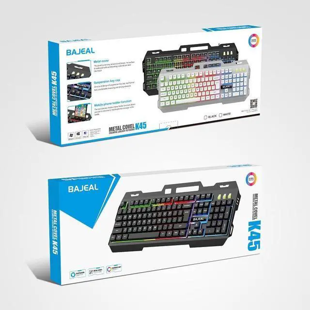 Alt view image 7 of 7 - Wired Membrane Gaming Keyboard, Backlit RGB LED, Metal Base, Phone Holder, 12 Multimedia Function Quiet Keys-for Computer, PC, Desktop, Gamer,Black White
