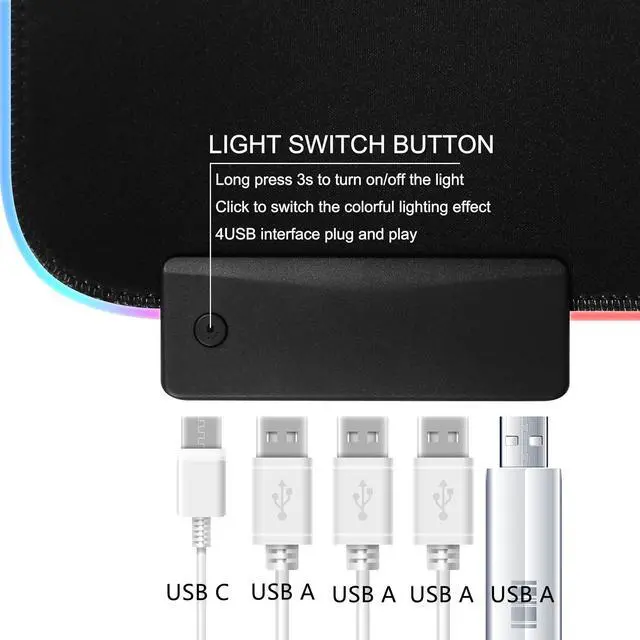 Alt view image 3 of 7 - Bailink Gaming Mouse Pad RGB Mouse Pad with 4 Port USB Ports and 14 Lighting Modes Large Non-Slip Rubber Base Waterproof Mouse Pad for Games, MacBook, PC, Laptop, 31.5x11.8x0.16 inch,Black
