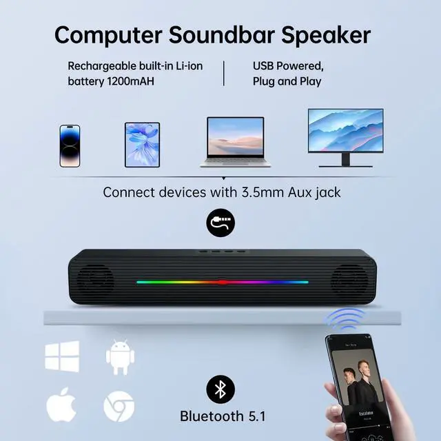 Alt view image 2 of 6 - Bailink Computer Speakers for Desktop pc, Bluetooth and 3.5mm Aux-in Computer RGB SoundBar Speaker built-in 1200mAh battery for Laptop, PCs, Monitor, Xbox, Tablets, TV, Wireless Gaming Speakers