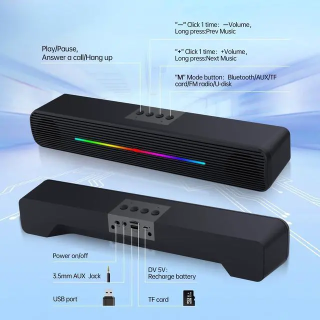 Alt view image 3 of 6 - Bailink Computer Speakers for Desktop pc, Bluetooth and 3.5mm Aux-in Computer RGB SoundBar Speaker built-in 1200mAh battery for Laptop, PCs, Monitor, Xbox, Tablets, TV, Wireless Gaming Speakers