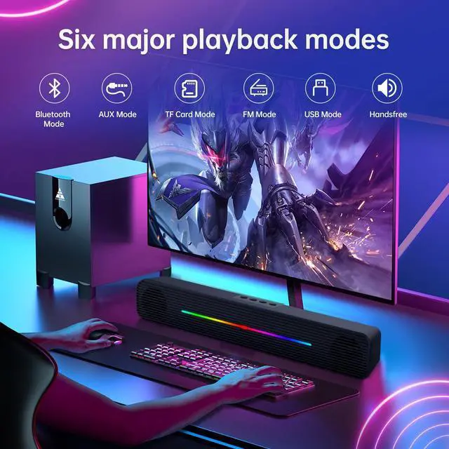 Alt view image 5 of 6 - Bailink Computer Speakers for Desktop pc, Bluetooth and 3.5mm Aux-in Computer RGB SoundBar Speaker built-in 1200mAh battery for Laptop, PCs, Monitor, Xbox, Tablets, TV, Wireless Gaming Speakers