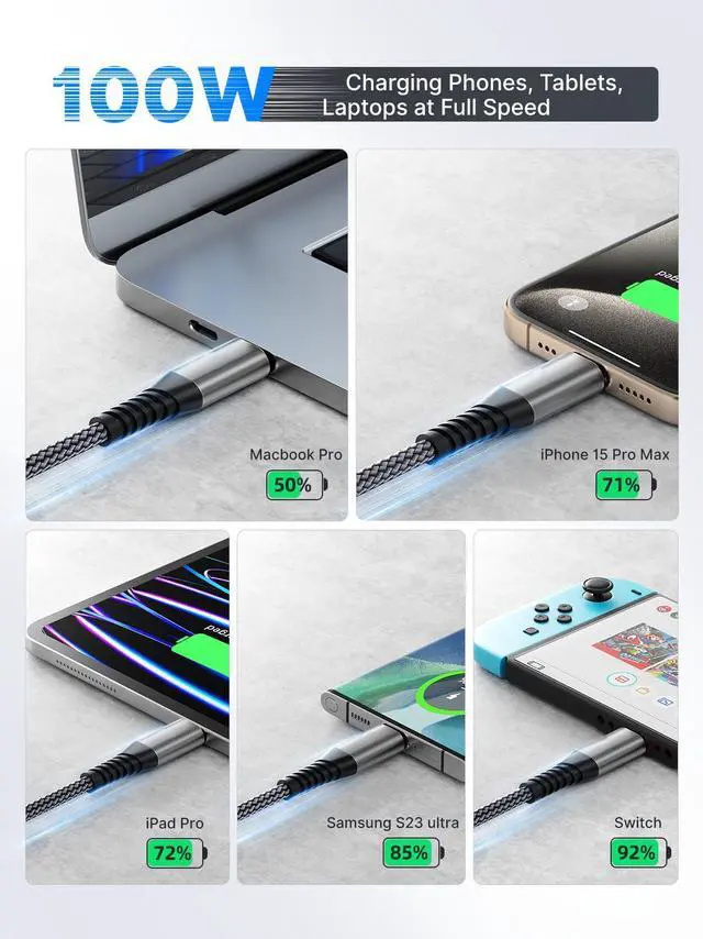 Alt view image 3 of 7 - 6.6ft USB C Cable,100W USB C to USB C Fast Charging Cable with E-Marker Chip,Power Delivery Nylon Braided C to C Charger Cord 5A for MacBook Pro/Air, Galaxy S24 S23 S20,LG,ONEPLUS iPhone 15,PS5,Switch