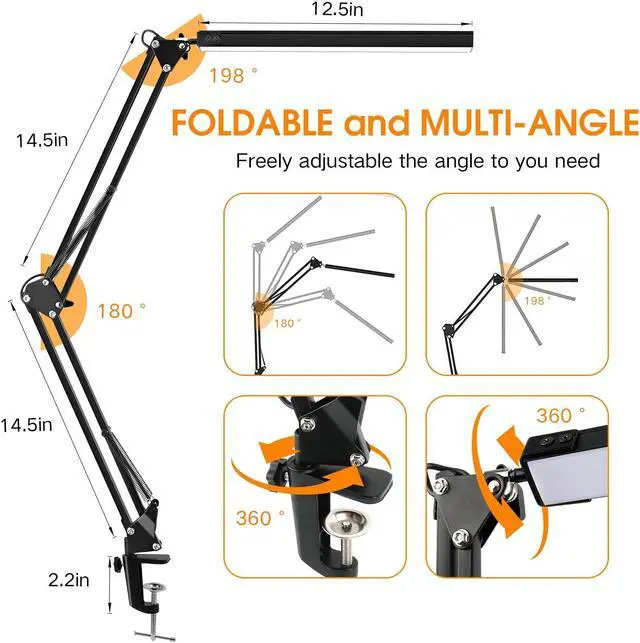 Alt view image 6 of 6 - LED Desk Lamp, Swing Arm Desk Light with Clamp, 3 Lighting 10 Brightness Eye-Caring Modes, Reading Desk Lamps for Home Office 360°Spin with USB Adapter & Memory Function black-14W