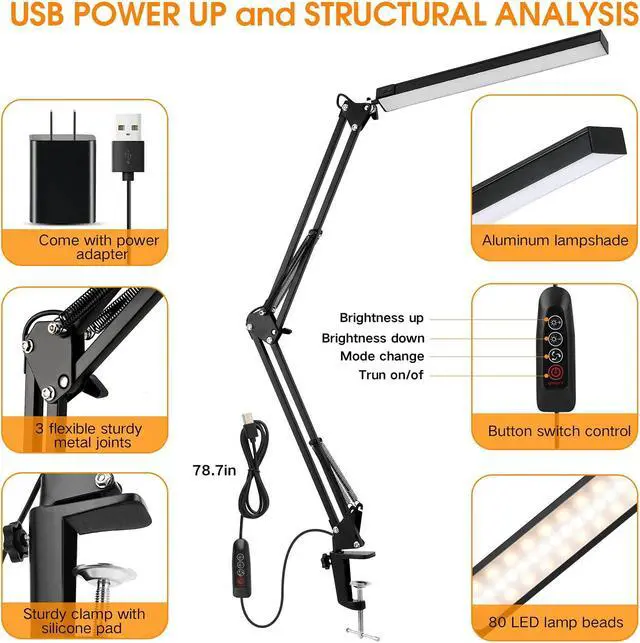 Alt view image 3 of 6 - LED Desk Lamp, Swing Arm Desk Light with Clamp, 3 Lighting 10 Brightness Eye-Caring Modes, Reading Desk Lamps for Home Office 360°Spin with USB Adapter & Memory Function black-14W
