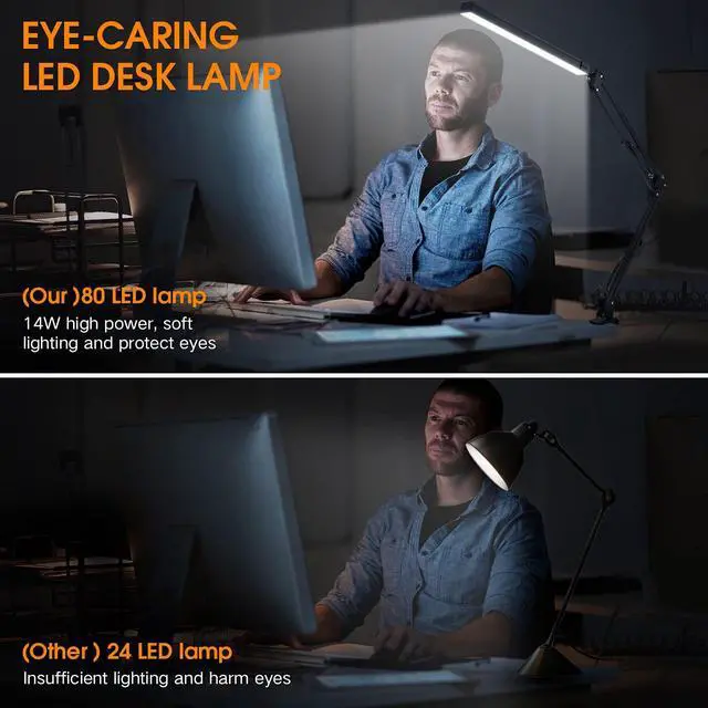 Alt view image 5 of 6 - LED Desk Lamp, Swing Arm Desk Light with Clamp, 3 Lighting 10 Brightness Eye-Caring Modes, Reading Desk Lamps for Home Office 360°Spin with USB Adapter & Memory Function black-14W