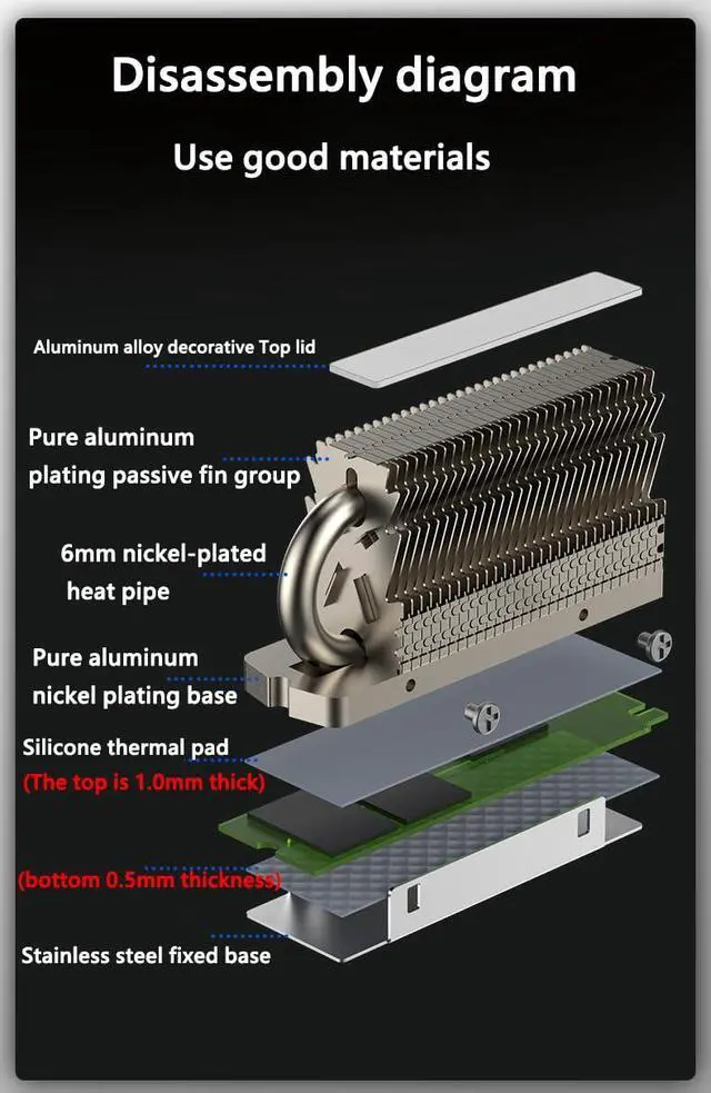 Alt view image 6 of 7 - Bailink M.2 2280 SSD Heatsink, with Thermal Silicone Pad for M.2 SSD Hard Disk, Computer and PC, Contains a Heat Pipe, Double-Sided Heat Sink, Reflow Soldering Process with 14.8W/K Thermal Pad