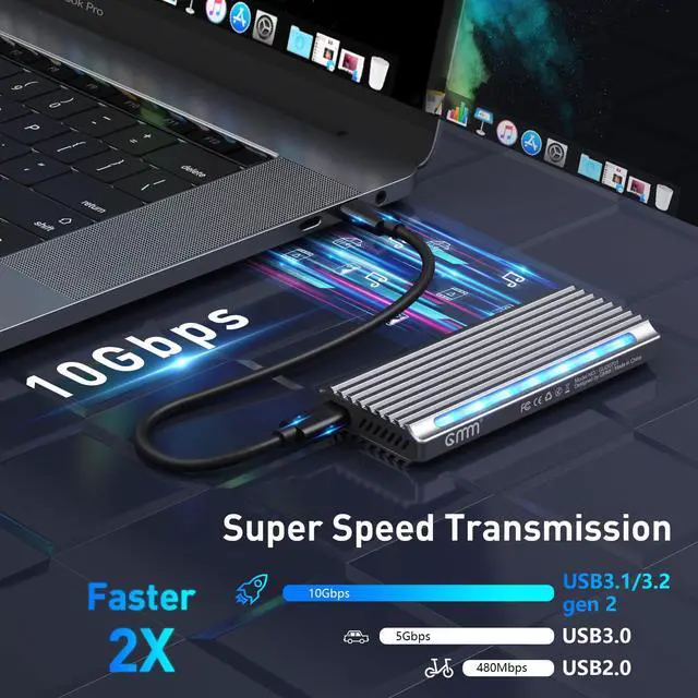 Alt view image 2 of 7 - Bailink RGB M.2 NVMe SSD Enclosure Adapter USB C 3.2 Gen 2 10Gbps M.2 NVMe to SATA Reader, 6Gbps SATA, NVMe Enclosure Aluminum Case Support UASP Trim for PCIe M-Key(B+M Key) SSD Size 2242/2260/2280