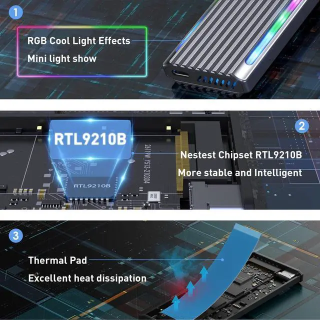 Alt view image 5 of 7 - Bailink RGB M.2 NVMe SSD Enclosure Adapter USB C 3.2 Gen 2 10Gbps M.2 NVMe to SATA Reader, 6Gbps SATA, NVMe Enclosure Aluminum Case Support UASP Trim for PCIe M-Key(B+M Key) SSD Size 2242/2260/2280