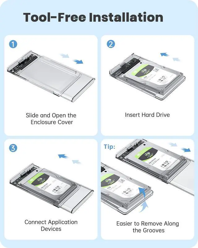 Alt view image 4 of 7 - Bailink 2.5'' External Hard Drive Enclosure USB 3.0 to SATA III Tool Free Clear External Hard Drive Case for 7mm/9.5mm 2.5 inch SSD HDD with UASP, For WD Toshiba Samsung PS4 Xbox PC TV