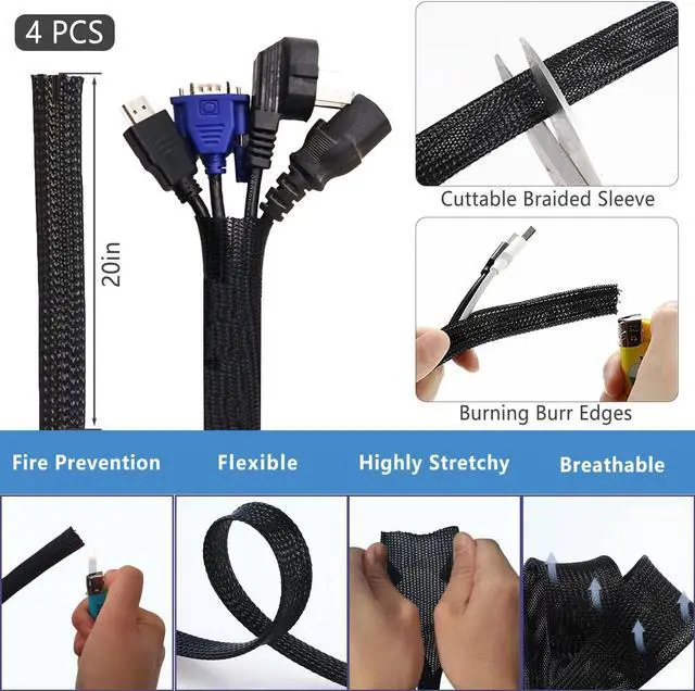 Alt view image 3 of 6 - Bailink 204PCS Cable Management Kit,4 Cable Sleeve 38 Cable Clips with 7 Cord Holders, 30+5Roll Cable Organizer Straps and 100 Fastening Cable Ties,20 Cable Zip Tie Mounts for Computer TV Under Desk