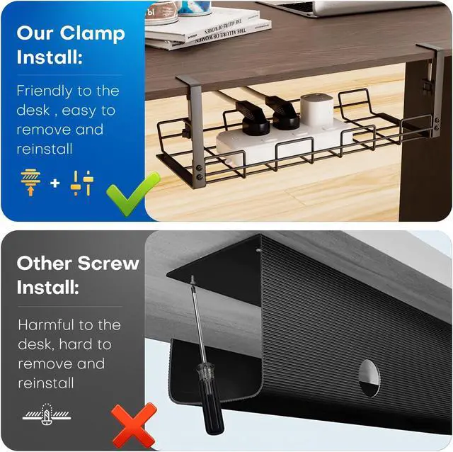Alt view image 7 of 7 - No Drilling Under Desk Cable Management, Large Space Metal Desk Cable Management, Adjustable and Removable Cable Management Tray Fits Most Table, Come with 2 Self Gripping Cable Tie Roll
