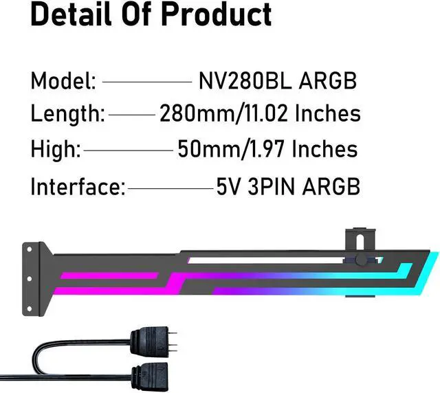 Alt view image 5 of 6 - Bailink ARGB GPU Support Bracket, GPU Brace Support, 5V 3Pin addressable GPU Holder, 5v 3pin RGB GPU Support Stand Video Card sag Holder, Adjustable Length and Height GPU Stand (Black)