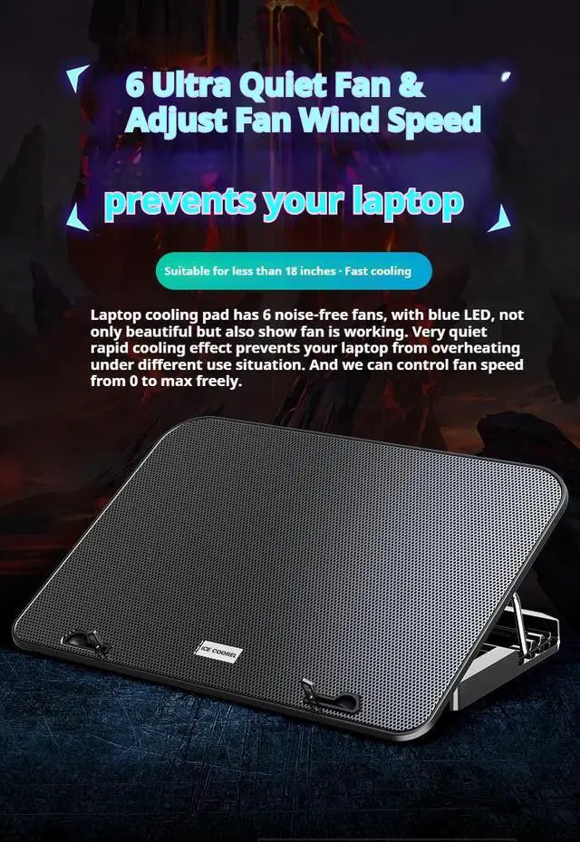 Alt view image 2 of 7 - Updated Laptop Cooling Pad, Laptop Cooler with 6 Quiet Fans with Blue Lights for 12-18 Inch Notebook Gaming Fan Stable Stand, 5 Height & Wind Speed Adjustable, 2 USB Port,Black