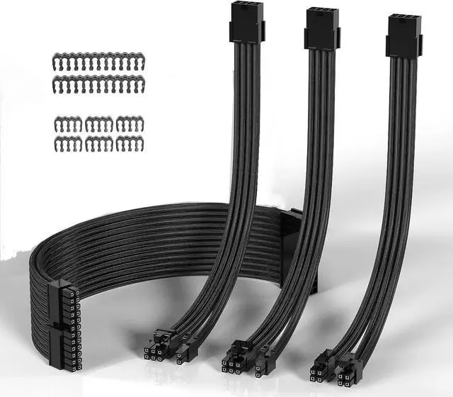 Main image of Bailink PSU Cable Extension ATX Sleeved Custom Mod GPU PC Power Supply Soft Nylon Braided with Comb Kit 24PIN/8PIN to 6+2Pin/ 8PIN to 4+4PIN-30CM 300MM - Black