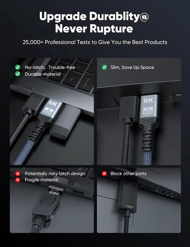 Alt view image 7 of 7 - Bailink 8K 4K DisplayPort Cable, 6.6ft DP Cable 1.4 [VESA Certified, 8K@60Hz, 4K@144Hz, 2K@165Hz], Bradied High Speed Display Port Cable 144Hz, for Gaming Monitor, HDR/FreeSync/G-Sync, Graphics Card